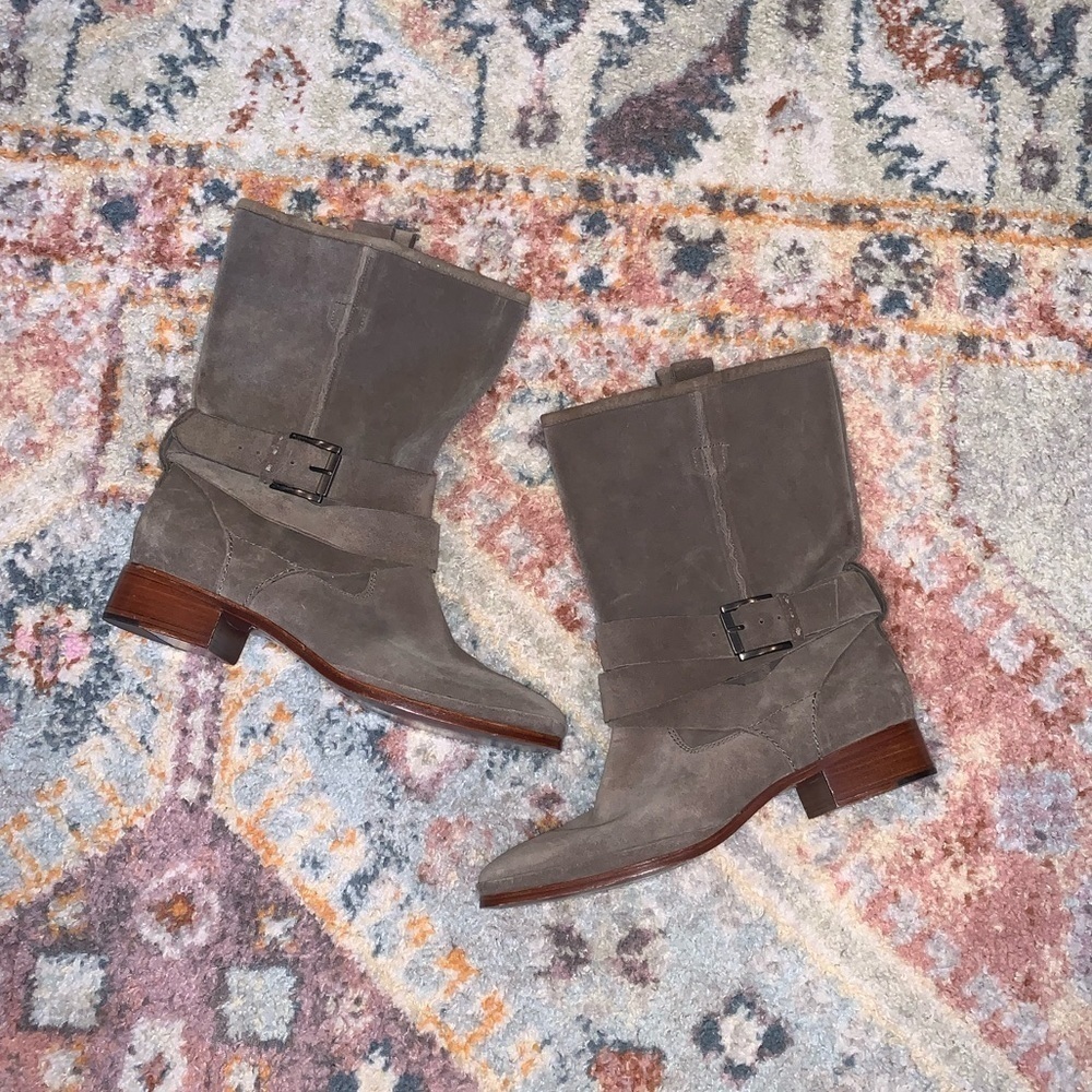 Belle Sigerson Morrison Tan Suede Pull On Harness Strap Cowgirl Western Boot 6.5
